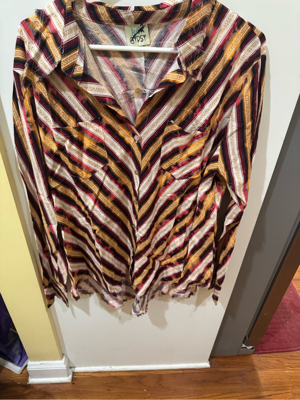 Gypsy Striped Button-Up Women’s Top in Burgundy, Mustard & Cream